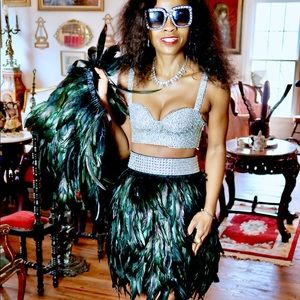 New Fab Custom black feather jacket & skirt set S